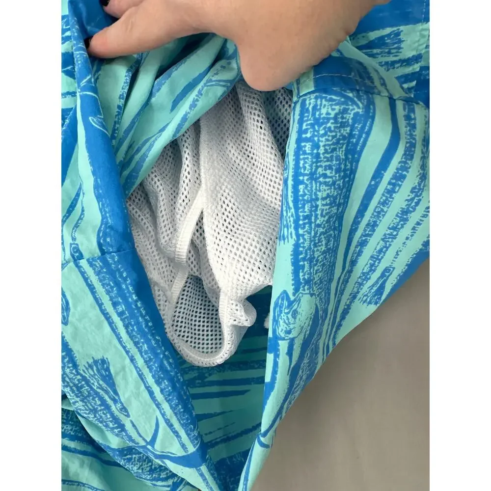 Columbia PFG Swim Trunks Men XL Blue Fish Print Omni Shade Mesh Lined Drawstring